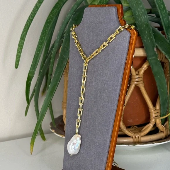 Vanessa Mooney Gold Bar Link Chain Baroque Pearl Lariat Necklace Statement - Picture 3 of 8